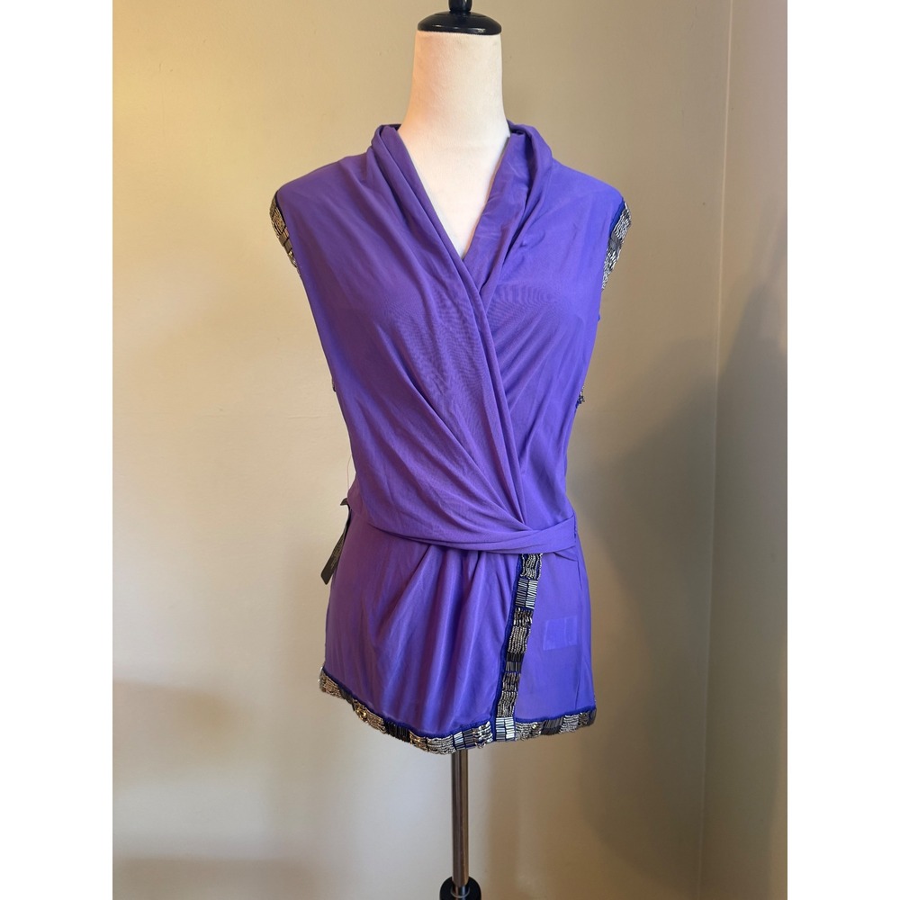 Bebe Embellished Surplice Top Purple Mesh Sleeveless XS beaded y2k fairy party r